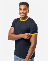 Pretreated Tultex 246 Unisex Fine Jersey Ringer T-Shirt - Navy/ Gold - On Model - Side