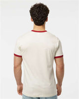 Pretreated Tultex 246 Unisex Fine Jersey Ringer T-Shirt - Vintage White/ Rio Red - On Model - Back