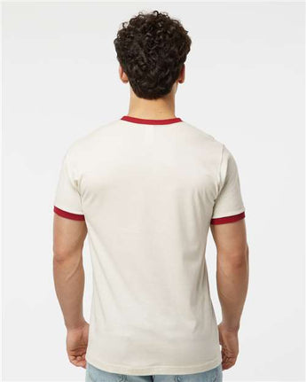 Pretreated Tultex 246 Unisex Fine Jersey Ringer T-Shirt - Vintage White/ Rio Red - On Model - Back
