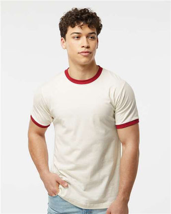 Pretreated Tultex 246 Unisex Fine Jersey Ringer T-Shirt - Vintage White/ Rio Red - On Model
