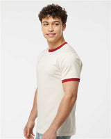 Pretreated Tultex 246 Unisex Fine Jersey Ringer T-Shirt - Vintage White/ Rio Red - On Model - Side