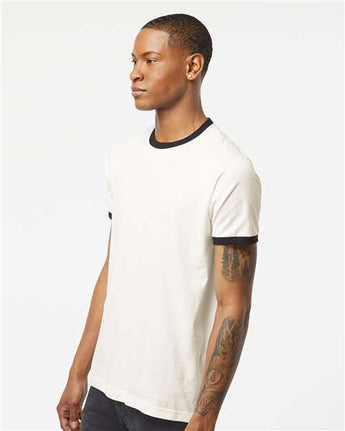 Pretreated Tultex 246 Unisex Fine Jersey Ringer T-Shirt - Vintage White/ Black - On Model - Side