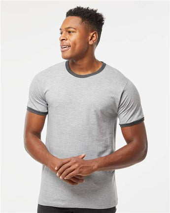 Pretreated Tultex 246 Unisex Fine Jersey Ringer T-Shirt - Heather Grey/ Heather Charcoal - On Model