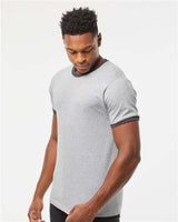 Pretreated Tultex 246 Unisex Fine Jersey Ringer T-Shirt - Heather Grey/ Heather Charcoal - On Model - Side