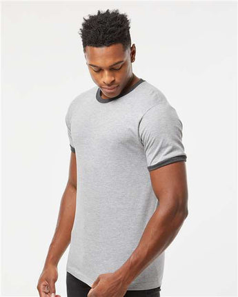 Pretreated Tultex 246 Unisex Fine Jersey Ringer T-Shirt - Heather Grey/ Heather Charcoal - On Model - Side