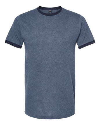 Pretreated Tultex 246 Unisex Fine Jersey Ringer T-Shirt - Heather Denim/ Navy