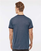 Pretreated Tultex 246 Unisex Fine Jersey Ringer T-Shirt - Heather Denim/ Navy - On Model - Back