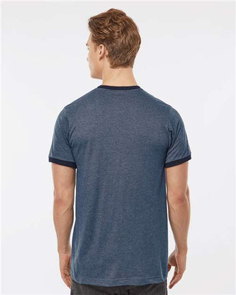 Pretreated Tultex 246 Unisex Fine Jersey Ringer T-Shirt - Heather Denim/ Navy - On Model - Back