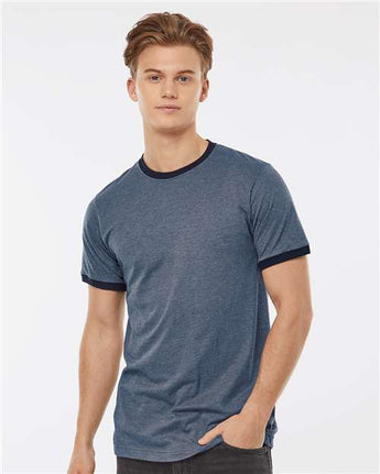 Pretreated Tultex 246 Unisex Fine Jersey Ringer T-Shirt - Heather Denim/ Navy - On Model