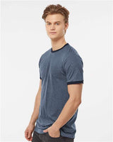 Pretreated Tultex 246 Unisex Fine Jersey Ringer T-Shirt - Heather Denim/ Navy - On Model - Side