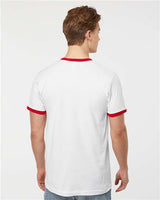 Pretreated Tultex 246 Unisex Fine Jersey Ringer T-Shirt - White/ Red - On Model - Back