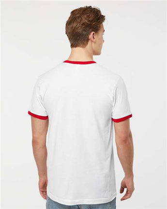 Pretreated Tultex 246 Unisex Fine Jersey Ringer T-Shirt - White/ Red - On Model - Back