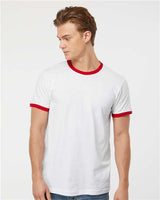 Pretreated Tultex 246 Unisex Fine Jersey Ringer T-Shirt - White/ Red - On Model