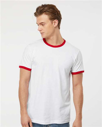 Pretreated Tultex 246 Unisex Fine Jersey Ringer T-Shirt - White/ Red - On Model