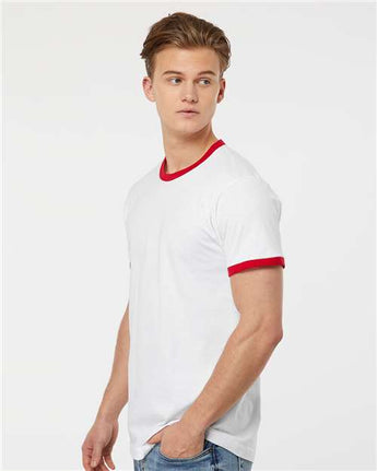 Pretreated Tultex 246 Unisex Fine Jersey Ringer T-Shirt - White/ Red - On Model - Side