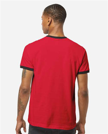 Pretreated Tultex 246 Unisex Fine Jersey Ringer T-Shirt - Red/ Black - On Model - Back