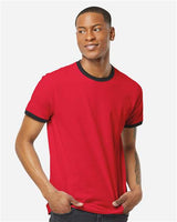 Pretreated Tultex 246 Unisex Fine Jersey Ringer T-Shirt - Red/ Black - On Model