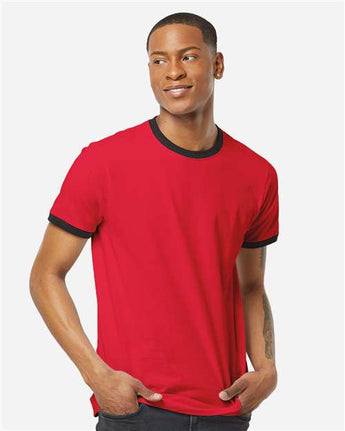 Pretreated Tultex 246 Unisex Fine Jersey Ringer T-Shirt - Red/ Black - On Model