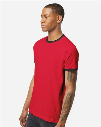 Pretreated Tultex 246 Unisex Fine Jersey Ringer T-Shirt - Red/ Black - On Model - Side