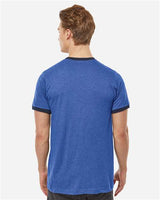 Pretreated Tultex 246 Unisex Fine Jersey Ringer T-Shirt - Heather Royal/ Navy - On Model - Back