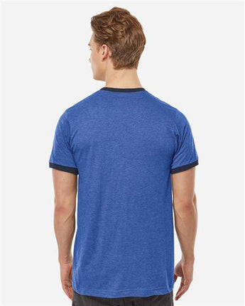 Pretreated Tultex 246 Unisex Fine Jersey Ringer T-Shirt - Heather Royal/ Navy - On Model - Back