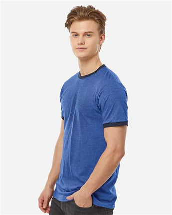 Pretreated Tultex 246 Unisex Fine Jersey Ringer T-Shirt - Heather Royal/ Navy - On Model - Side