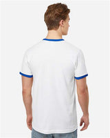 Pretreated Tultex 246 Unisex Fine Jersey Ringer T-Shirt - White/ Royal - On Model - Back