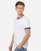 Pretreated Tultex 246 Unisex Fine Jersey Ringer T-Shirt - White/ Royal - On Model - Side