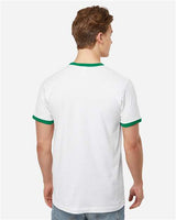 Pretreated Tultex 246 Unisex Fine Jersey Ringer T-Shirt - White/ Kelly - On Model - Back