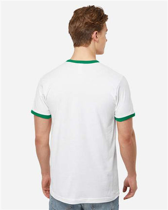 Pretreated Tultex 246 Unisex Fine Jersey Ringer T-Shirt - White/ Kelly - On Model - Back