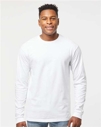 Pretreated Tultex 291 Unisex Heavyweight Jersey Long Sleeve T-Shirt - White - On Model