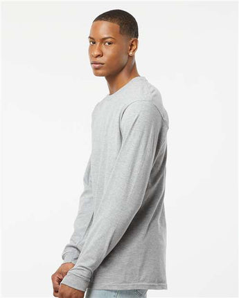Pretreated Tultex 291 Unisex Heavyweight Jersey Long Sleeve T-Shirt - Heather Grey - On Model - Side