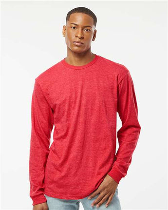Pretreated Tultex 291 Unisex Heavyweight Jersey Long Sleeve T-Shirt - Heather Red - On Model