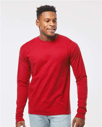 Pretreated Tultex 291 Unisex Heavyweight Jersey Long Sleeve T-Shirt - Red - On Model