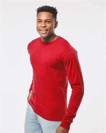Pretreated Tultex 291 Unisex Heavyweight Jersey Long Sleeve T-Shirt - Red - On Model - Side