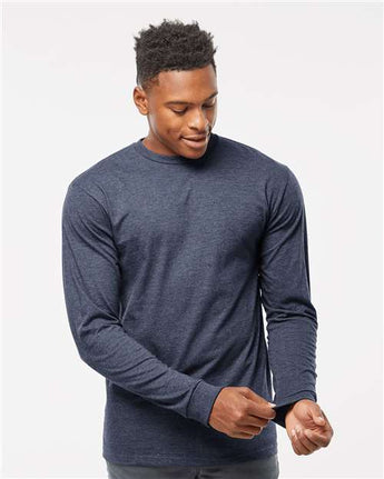 Pretreated Tultex 291 Unisex Heavyweight Jersey Long Sleeve T-Shirt - Heather Denim - On Model