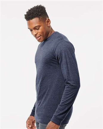 Pretreated Tultex 291 Unisex Heavyweight Jersey Long Sleeve T-Shirt - Heather Denim - On Model - Side
