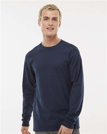 Pretreated Tultex 291 Unisex Heavyweight Jersey Long Sleeve T-Shirt - Navy - On Model