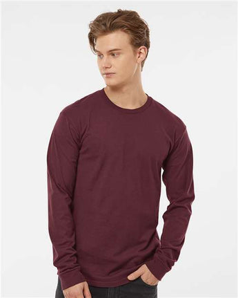 Pretreated Tultex 291 Unisex Heavyweight Jersey Long Sleeve T-Shirt - Burgundy - On Model