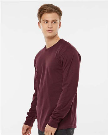 Pretreated Tultex 291 Unisex Heavyweight Jersey Long Sleeve T-Shirt - Burgundy - On Model - Side