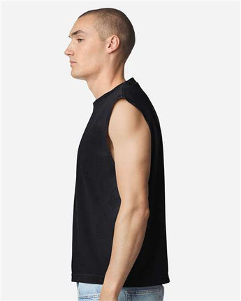 Pretreated American Apparel 207GD Unisex Heavyweight Cotton Garment-Dyed Boxy Muscle Tee - True Black - On Model - Side