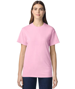 Pretreated Gildan 3000 Light Cotton T-Shirt - Model wearing Light Pink color shirt