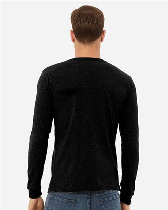 Pretreated BELLA+CANVAS 3501CVC Heather CVC Long Sleeve Tee - Solid Black Blend - On Model - Back