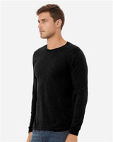 Pretreated BELLA+CANVAS 3501CVC Heather CVC Long Sleeve Tee - Solid Black Blend - On Model - Side