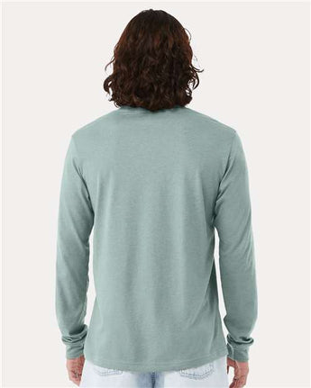 Pretreated BELLA+CANVAS 3501CVC Heather CVC Long Sleeve Tee - Heather Dusty Blue - On Model - Back