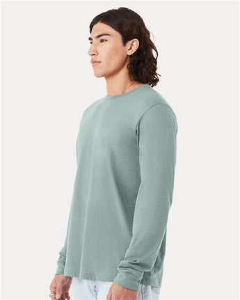 Pretreated BELLA+CANVAS 3501CVC Heather CVC Long Sleeve Tee - Heather Dusty Blue - On Model - Side