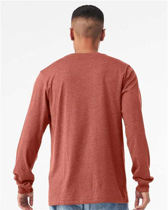 Pretreated BELLA+CANVAS 3501CVC Heather CVC Long Sleeve Tee - Heather Clay - On Model - Back