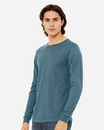 Pretreated BELLA+CANVAS 3501CVC Heather CVC Long Sleeve Tee - Heather Deep Teal - On Model - Side