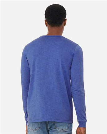 Pretreated BELLA+CANVAS 3501CVC Heather CVC Long Sleeve Tee - Heather True Royal - On Model - Back