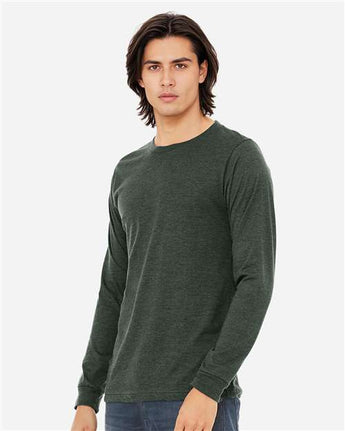 Pretreated BELLA+CANVAS 3501CVC Heather CVC Long Sleeve Tee - Heather Forest - On Model - Side